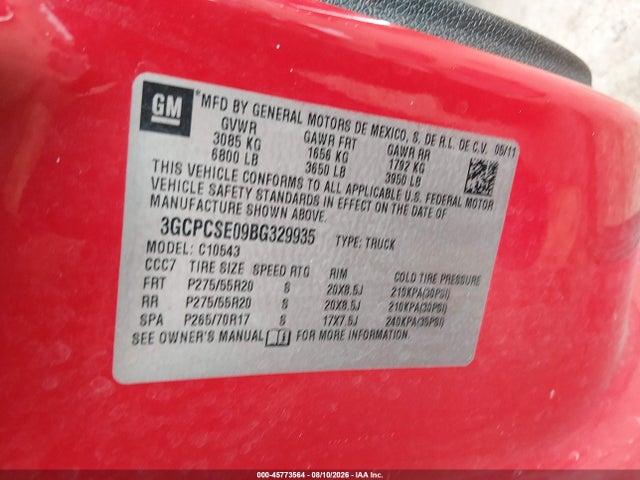 45773564 :رقم المزاد ، 3GCPCSE09BG329935 vin ، 2011 Chevrolet Silverado 1500 Lt مزاد بيع