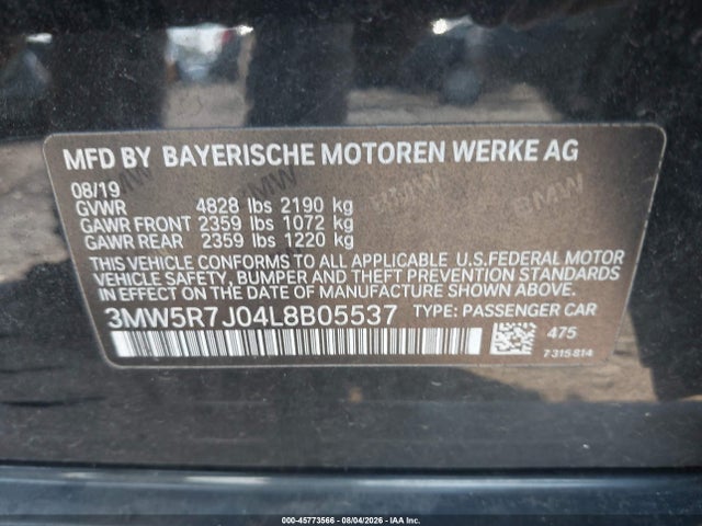 2020 Bmw 330i Xdrive მანქანა იყიდება აუქციონზე, vin: 3MW5R7J04L8B05537, აუქციონის ნომერი: 45773566