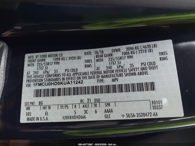 Продаж на аукціоні авто 2019 Ford Escape Sel, vin: 1FMCU0HD0KUA11242, номер лоту: 45773567