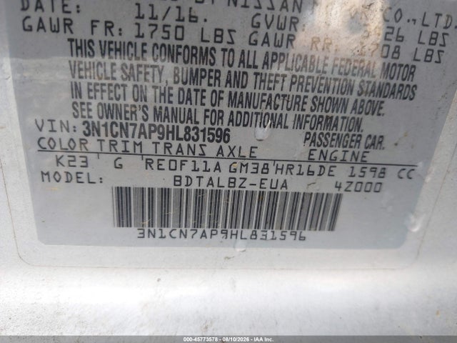 Aukcja sprzedaży 2017 Nissan Versa 1.6 Sv, vin: 3N1CN7AP9HL831596, numer aukcji: 45773578