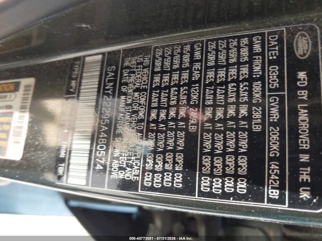Aukcja sprzedaży 2005 Land Rover Freelander Se, vin: SALNY22295A480574, numer aukcji: 45773581