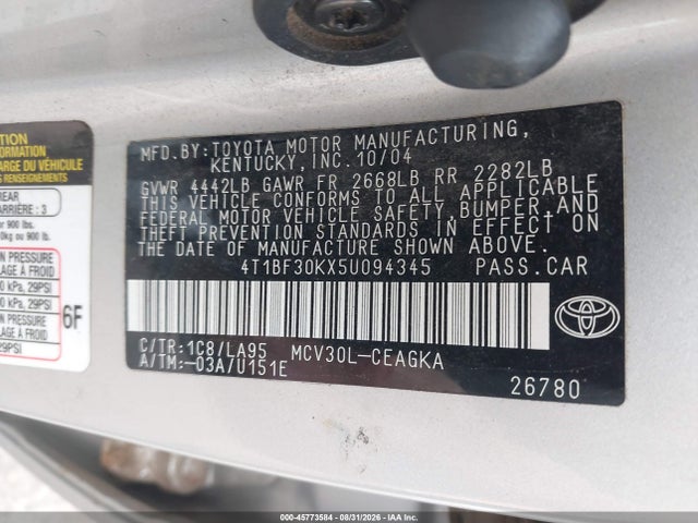 45773584 :رقم المزاد ، 4T1BF30KX5U094345 vin ، 2005 Toyota Camry Xle V6 مزاد بيع
