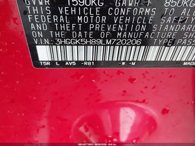 3HGGK5H89LM720206 Honda FIT EX