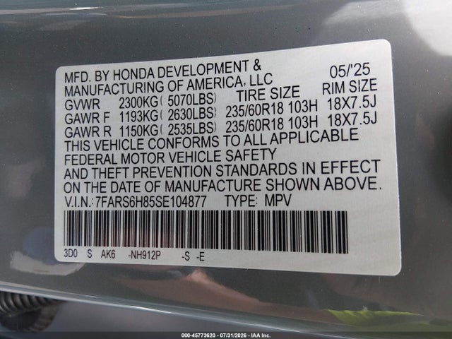 45773620 :رقم المزاد ، 7FARS6H85SE104877 vin ، 2025 Honda Cr-v Hybrid Sport-l مزاد بيع