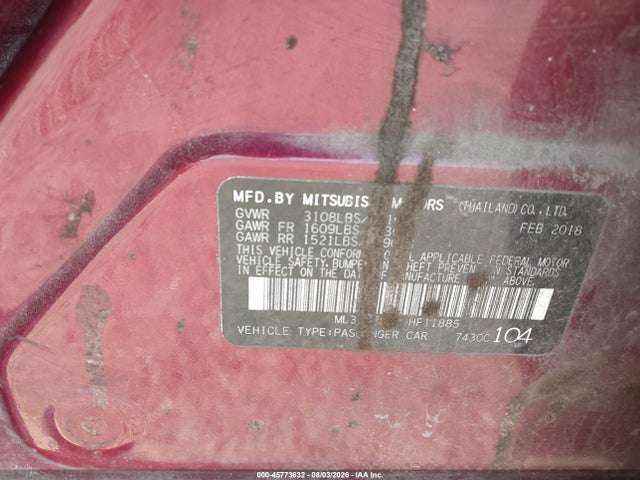 Auction sale of the 2018 Mitsubishi Mirage G4 Es, vin: ML32F3FJ9JHF11885, lot number: 45773632