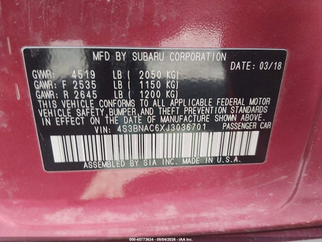 Aukcja sprzedaży 2018 Subaru Legacy 2.5i Premium, vin: 4S3BNAC6XJ3036701, numer aukcji: 45773634