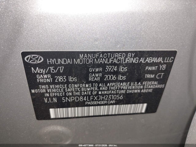 Продаж на аукціоні авто 2018 Hyundai Elantra Sel, vin: 5NPD84LFXJH231056, номер лоту: 45773668