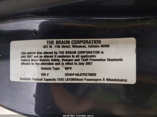 Продажа на аукционе авто 2007 Dodge Grand Caravan Sxt, vin: 2D4GP44L87R270859, номер лота: 45773674