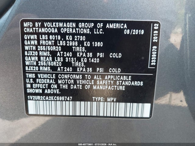 2019 Volkswagen Atlas 3.6l V6 Se W/technology მანქანა იყიდება აუქციონზე, vin: 1V2UR2CA2KC595747, აუქციონის ნომერი: 45773681