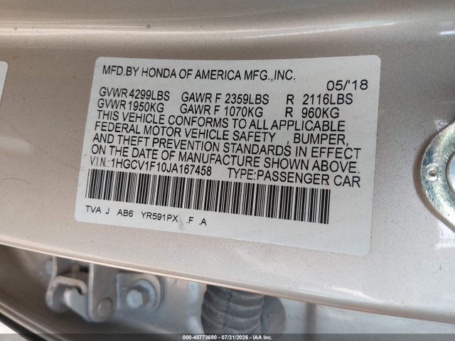 Продажа на аукционе авто 2018 Honda Accord Lx, vin: 1HGCV1F10JA167458, номер лота: 45773690