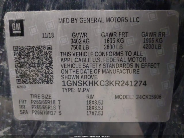 Продажа на аукционе авто 2019 Chevrolet Suburban Lt, vin: 1GNSKHKC3KR241274, номер лота: 45773696