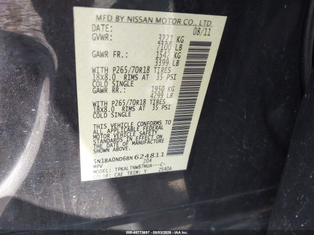 Продаж на аукціоні авто 2011 Nissan Armada Sv, vin: 5N1BA0ND6BN624811, номер лоту: 45773697