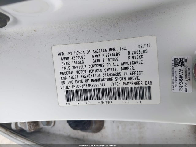 45773712 :رقم المزاد ، 1HGCR2F35HA161743 vin ، 2017 Honda Accord Lx مزاد بيع
