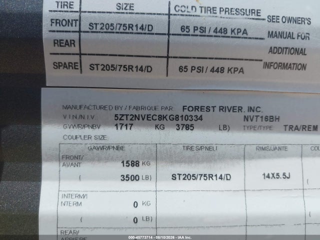 Продажа на аукционе авто 2019 Forest River Navi 16bh, vin: 5ZT2NVEC8KG810334, номер лота: 45773714