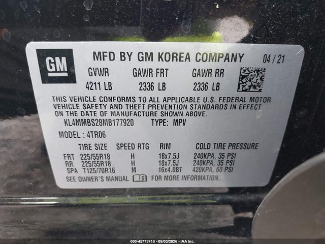 Aukcja sprzedaży 2021 Buick Encore Gx Fwd Preferred, vin: KL4MMBS28MB177920, numer aukcji: 45773718