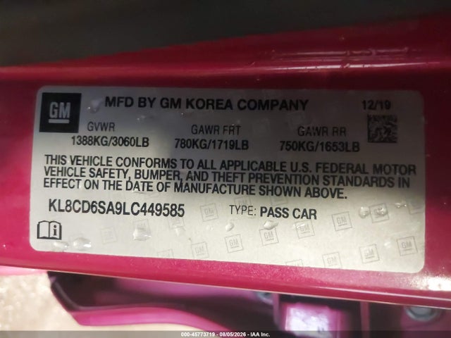 45773719 :رقم المزاد ، KL8CD6SA9LC449585 vin ، 2020 Chevrolet Spark Fwd 1lt Automatic مزاد بيع