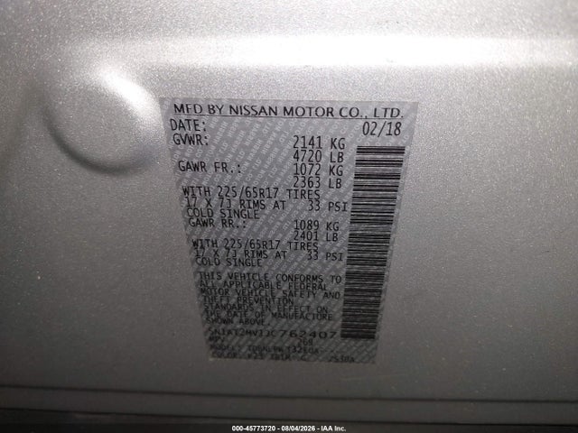 Продажа на аукционе авто 2018 Nissan Rogue S, vin: 5N1AT2MV1JC762407, номер лота: 45773720