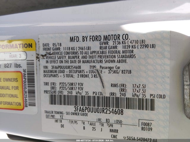 3FA6P0UU0JR254608 Ford Fusion Hybrid S