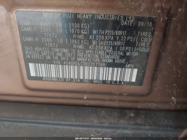 Продаж на аукціоні авто 2011 Subaru Outback 3.6r Limited, vin: 4S4BRELC3B2351103, номер лоту: 45773737
