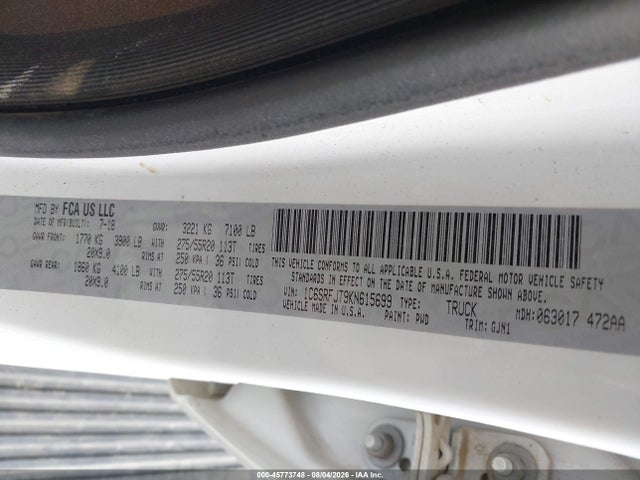 Auction sale of the 2019 Ram 1500 Laramie, vin: 1C6SRFJT9KN615699, lot number: 45773748