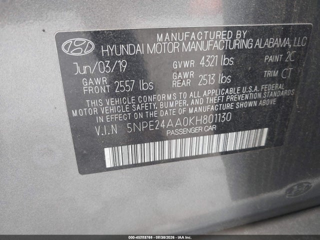 2019 Hyundai Sonata Eco მანქანა იყიდება აუქციონზე, vin: 5NPE24AA0KH801130, აუქციონის ნომერი: 45773761