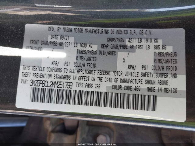 Продаж на аукціоні авто 2021 Mazda Mazda3 Preferred, vin: 3MZBPBCL2MM251799, номер лоту: 45773766
