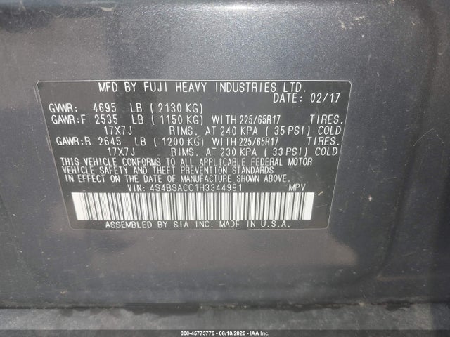 45773776 :رقم المزاد ، 4S4BSACC1H3344991 vin ، 2017 Subaru Outback 2.5i Premium مزاد بيع