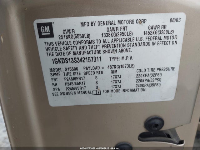 45773806 :رقم المزاد ، 1GKDS13S342157311 vin ، 2004 Gmc Envoy Sle مزاد بيع
