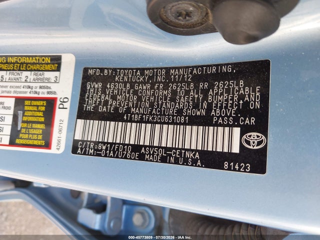 Aukcja sprzedaży 2012 Toyota Camry Le, vin: 4T1BF1FK3CU631081, numer aukcji: 45773809