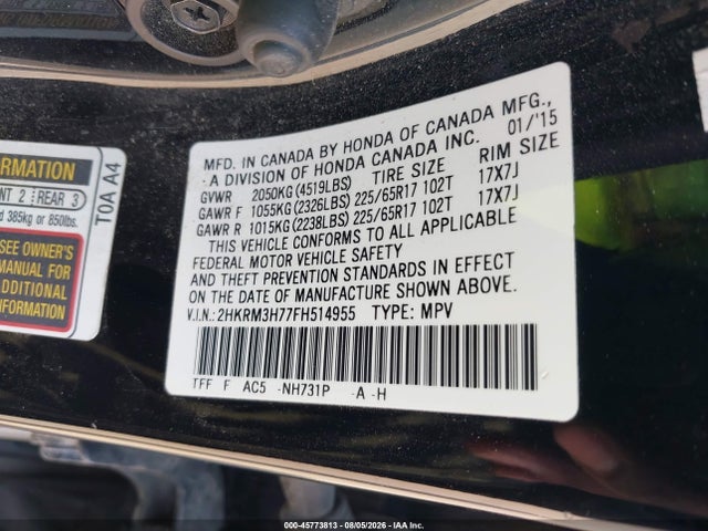 Продажа на аукционе авто 2015 Honda Cr-v Ex-l, vin: 2HKRM3H77FH514955, номер лота: 45773813