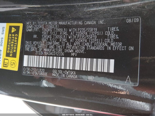 45773816 :رقم المزاد ، 2T2ZK1BA3AC012336 vin ، 2010 Lexus Rx 350 مزاد بيع
