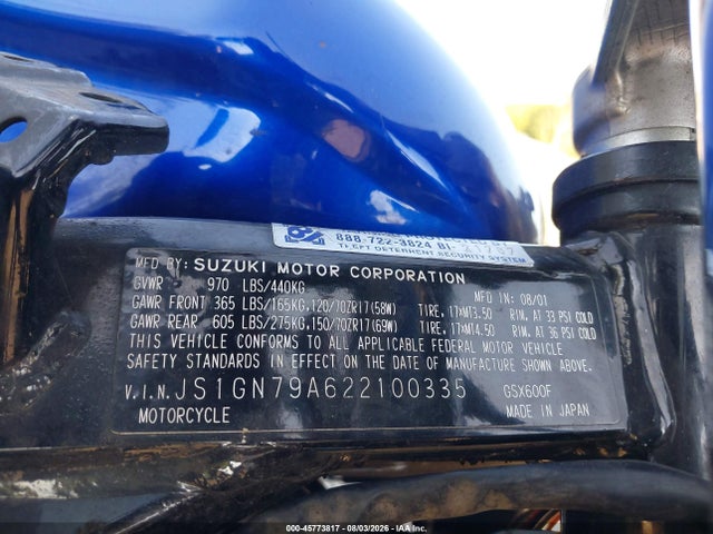 2002 Suzuki Gsx600 F მანქანა იყიდება აუქციონზე, vin: JS1GN79A622100335, აუქციონის ნომერი: 45773817