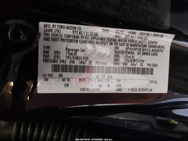 45773818 :رقم المزاد ، 1FAHP3E2XCL429875 vin ، 2012 Ford Focus S مزاد بيع