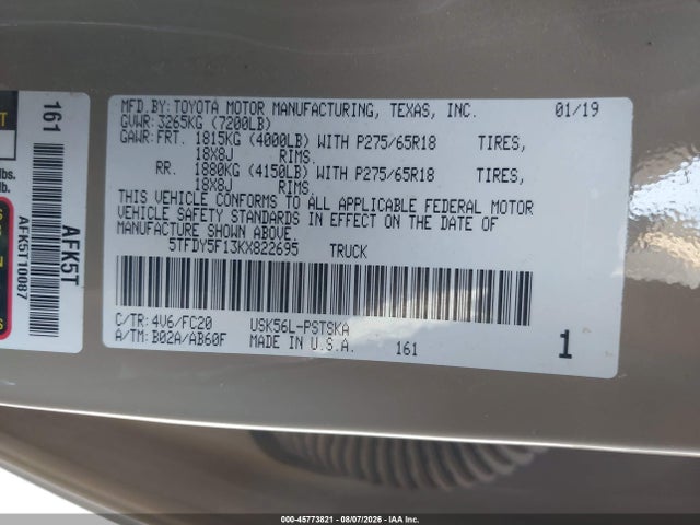 Продаж на аукціоні авто 2019 Toyota Tundra Sr5 5.7l V8, vin: 5TFDY5F13KX822695, номер лоту: 45773821