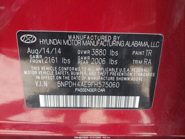 5NPDH4AE9FH575060 Hyundai ELANTRA SE