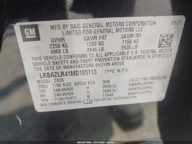 45773848 :رقم المزاد ، LRBAZLR41MD105113 vin ، 2021 Buick Envision Fwd Preferred مزاد بيع