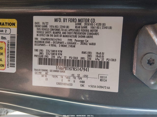 45773854 :رقم المزاد ، 1FA6P8TH7N5147941 vin ، 2022 Ford Mustang Ecoboost Premium Fastback مزاد بيع