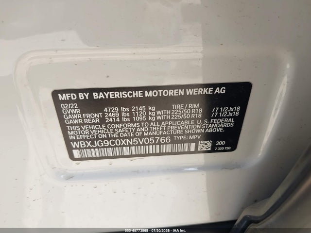 45773869 :رقم المزاد ، WBXJG9C0XN5V05766 vin ، 2022 Bmw X1 Xdrive28i مزاد بيع