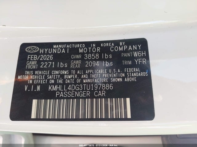 Aukcja sprzedaży 2026 Hyundai Elantra Se, vin: KMHLL4DG3TU197886, numer aukcji: 45773870