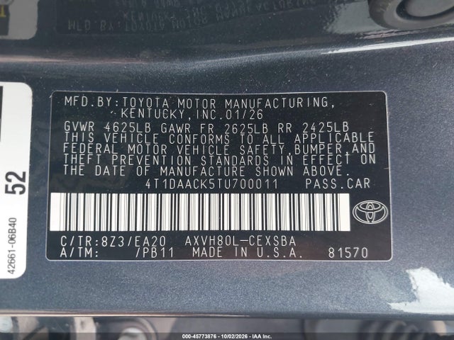 Aukcja sprzedaży 2026 Toyota Camry Se, vin: 4T1DAACK5TU700011, numer aukcji: 45773876