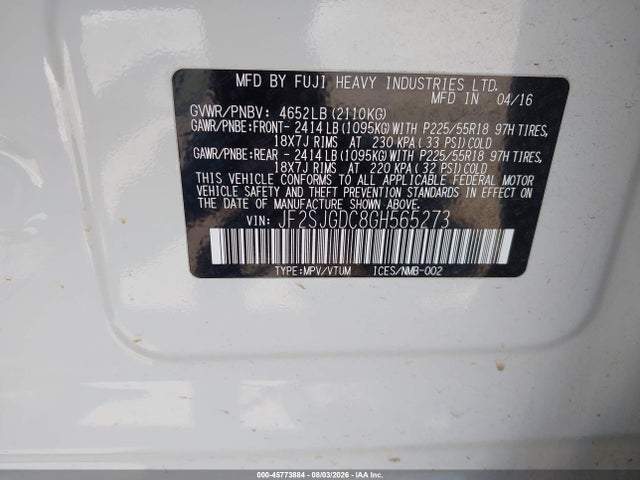 45773884 :رقم المزاد ، JF2SJGDC8GH565273 vin ، 2016 Subaru Forester 2.0xt Premium مزاد بيع