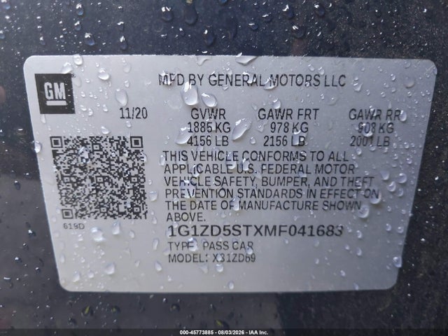 45773885 :رقم المزاد ، 1G1ZD5STXMF041683 vin ، 2021 Chevrolet Malibu Fwd Lt مزاد بيع
