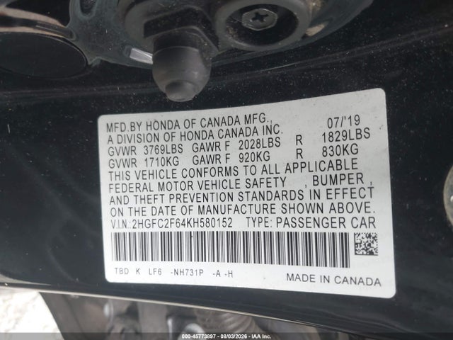 45773897 :رقم المزاد ، 2HGFC2F64KH580152 vin ، 2019 Honda Civic Lx مزاد بيع