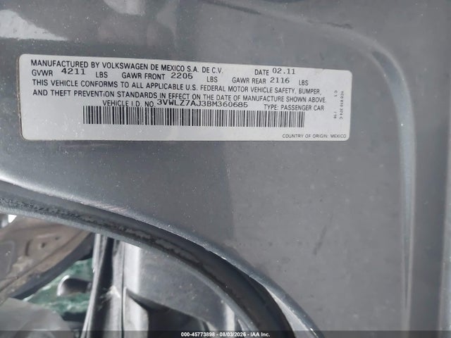 Aukcja sprzedaży 2011 Volkswagen Jetta 2.5l Sel, vin: 3VWLZ7AJ3BM360685, numer aukcji: 45773898