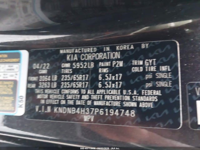 2023 Kia Carnival Mpv Lx Seat Package მანქანა იყიდება აუქციონზე, vin: KNDNB4H37P6194748, აუქციონის ნომერი: 45773906