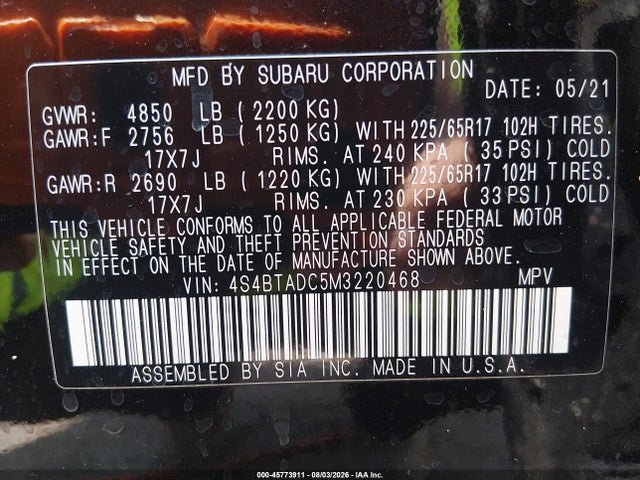 45773911 :رقم المزاد ، 4S4BTADC5M3220468 vin ، 2021 Subaru Outback Premium مزاد بيع