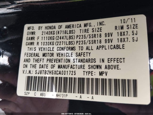 45773915 :رقم المزاد ، 5J8TB2H5XCA001725 vin ، 2012 Acura Rdx مزاد بيع