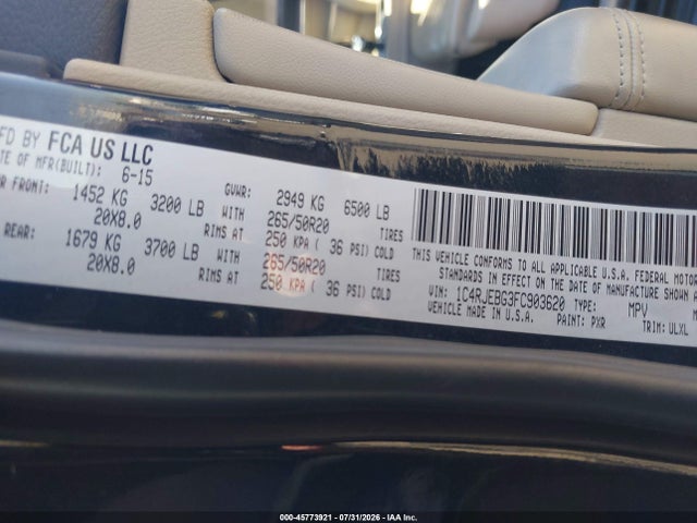Продажа на аукционе авто 2015 Jeep Grand Cherokee Limited, vin: 1C4RJEBG3FC903620, номер лота: 45773921