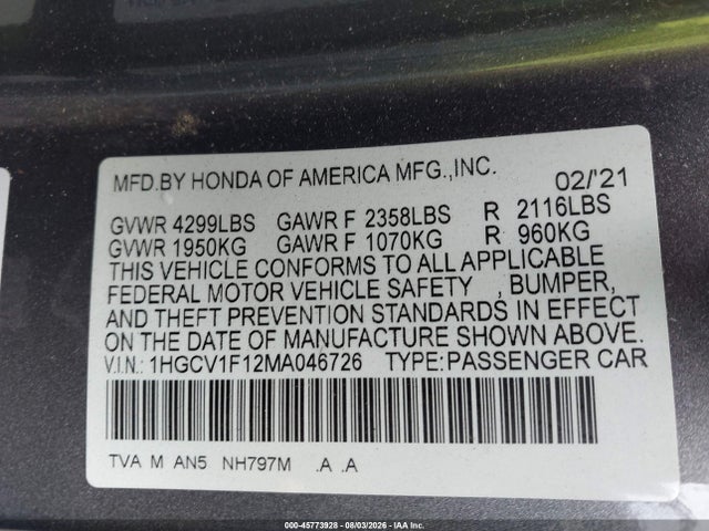Aukcja sprzedaży 2021 Honda Accord Lx, vin: 1HGCV1F12MA046726, numer aukcji: 45773928