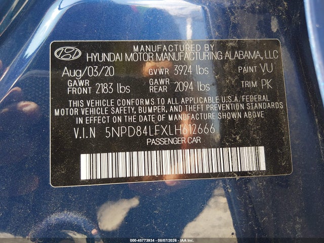 Aukcja sprzedaży 2020 Hyundai Elantra Limited, vin: 5NPD84LFXLH612666, numer aukcji: 45773934